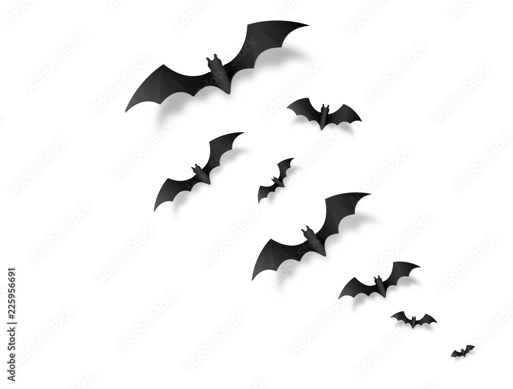 Fototapeta premium Black paper style vector flying halloween bats isolated on white background