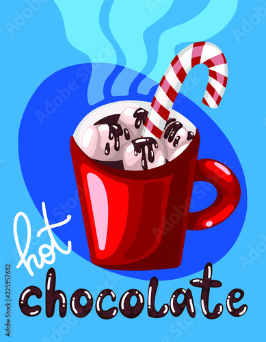 Vector Illustration of red mug of hot chocolate with marshmallow and New Year's Caramel Cane. Christmas drink for special mood