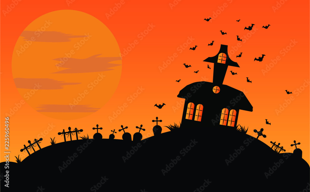 Happy Halloween background with  haunted house and full moon, Vector illustration