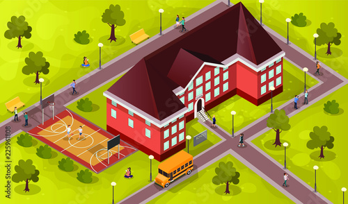 students and children near school  walking the school bus landscape  vector illustration