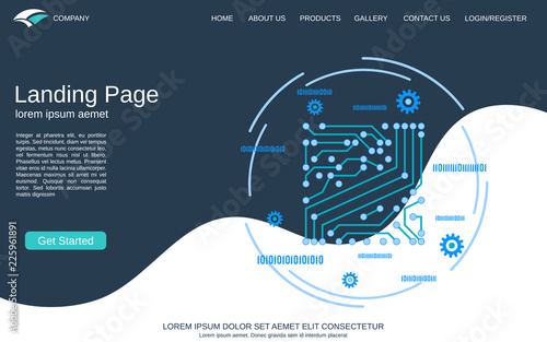 Website landing page vector template. Blue-white background with abstract circuit thin line illustration