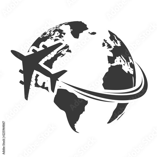 Travel icons with airplane fly around the earth