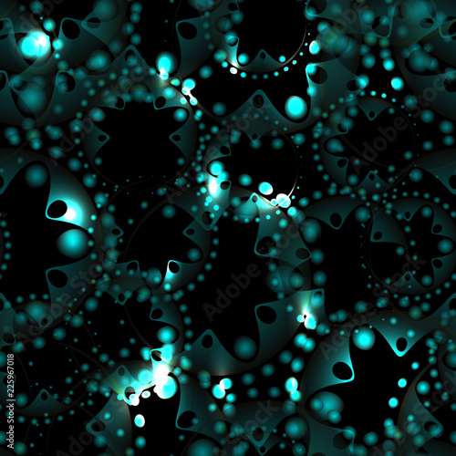 Vector abstract glowing sea seamless pattern of soap bubbles and gears in cobalt decoration on a black background for fabrics or gift paper.