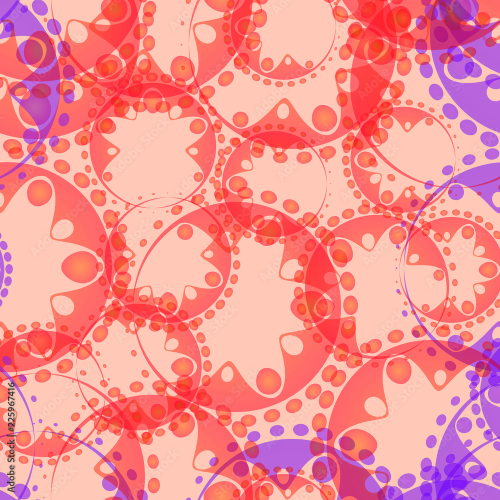 Vector abstract pastel pattern of purple soap bubbles and gears in red design on a pink background for fabrics or home textiles.