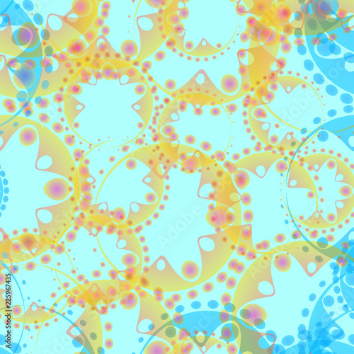Vector abstract pastel pattern of blue soap bubbles and gears in a sand pattern on azure background for fabrics or home textiles.