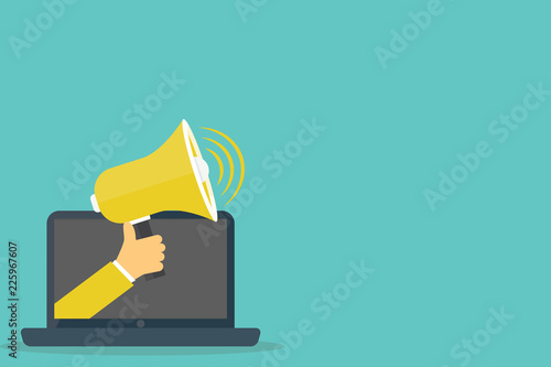 Flat design business Vector Illustration Empty copy space for Ad website promotion esp isolated Banner template. Human Hand Coming out of PC Monitor Holding Megaphone with Volume Icon