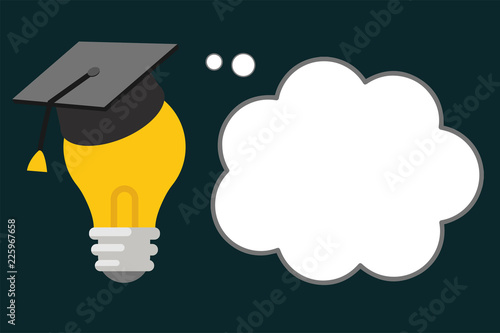 Flat design business Vector Illustration Empty copy space for Ad website promotion esp isolated Banner template. 3D Graduation Cap Thinking Resting on Bulb with Blank Cloud Thought Bubble