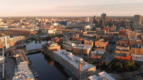 Wallpaper Mural Milwaukee river in downtown, harbor districts of Milwaukee, Wisconsin, United States. Real estate, condos in downtown. Aerial view, drone flying 
 Torontodigital.ca