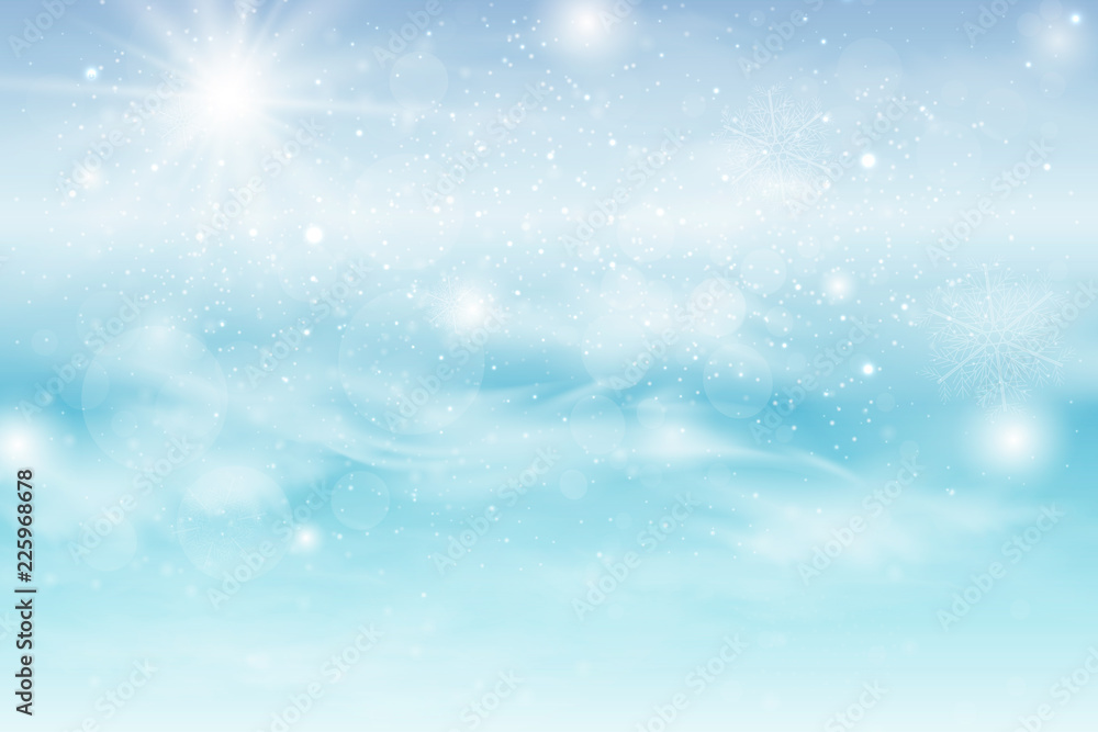 Fototapeta premium Winter blue sky with falling snow, snowflakes with winter landscape.