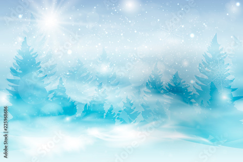  Winter blue sky with falling snow, snowflakes with winter landscape.