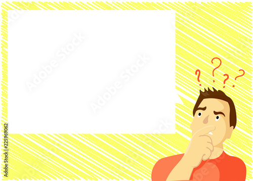 Flat design Vector Illustration Empty esp template copy text for Ad, promotion, poster, flyer, web banner, article. Man Expressing Confused Hand on Mouth Question Mark icon Blank Text Bubble