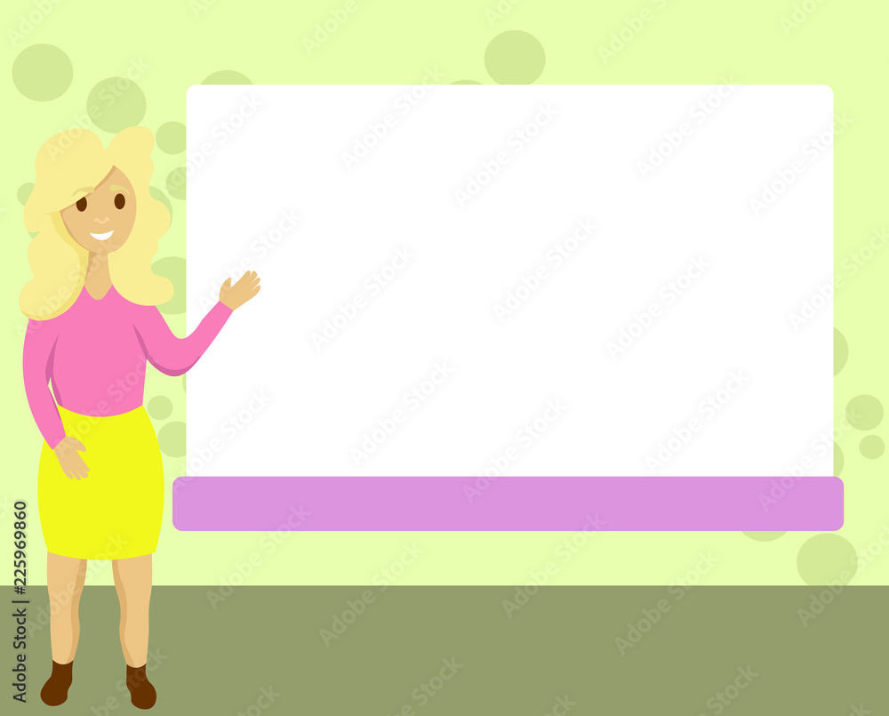 Flat design business Vector Illustration Empty template Layout for invitation greeting card promotion poster voucher. Female Human Standing Hand Presenting Rectangular Blank Whiteboard Flat design business Vector Illustration Empty template Layout for invitation greeting card promotion poster voucher. Female Human Standing Hand Presenting Rectangular Blank Whiteboard