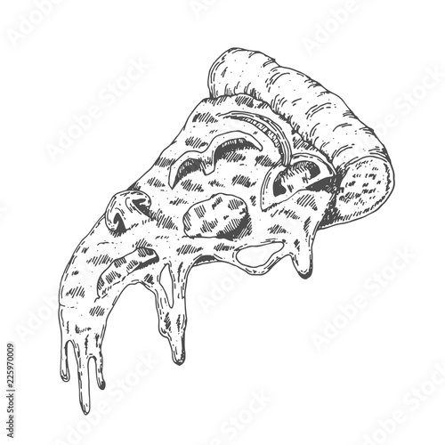 A Piece of Yummy Pizza, Vintage Look Hand Draw Style Pizza on iSolated White Background