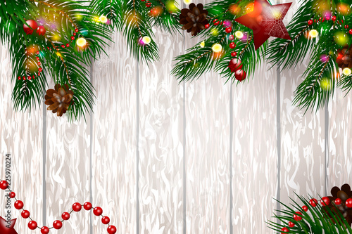  Christmas wooden background with fir branches and snow.
