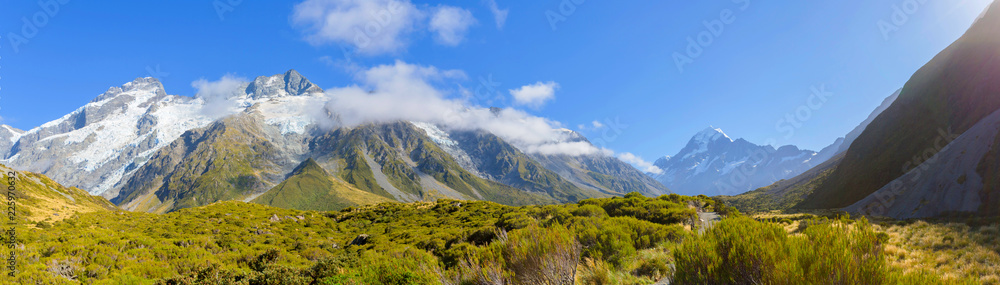 Panorama view of Aoraki Mount Cook National Park, New Zealand, Summertime