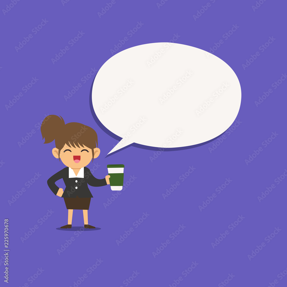 Flat design business Vector Illustration concept Empty copy space modern abstract background Geometric element. Female Human Wearing Uniform Holding a coffee To Go Cup and Speech Bubble