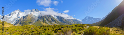 Panorama view of Aoraki Mount Cook National Park, New Zealand, Summertime