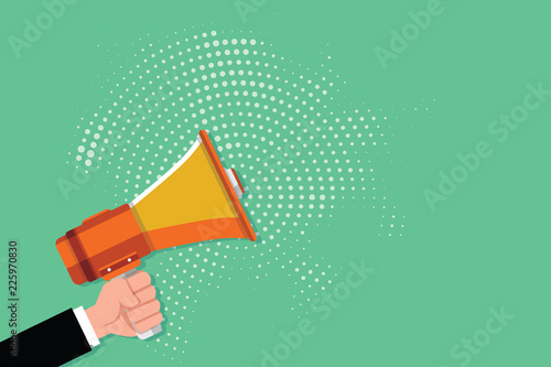 Flat design business Vector Illustration concept Empty template copy space Posters coupons promotional material. Male Human Hand Holding Gripping a Megaphone on Dotted Halftone Pattern