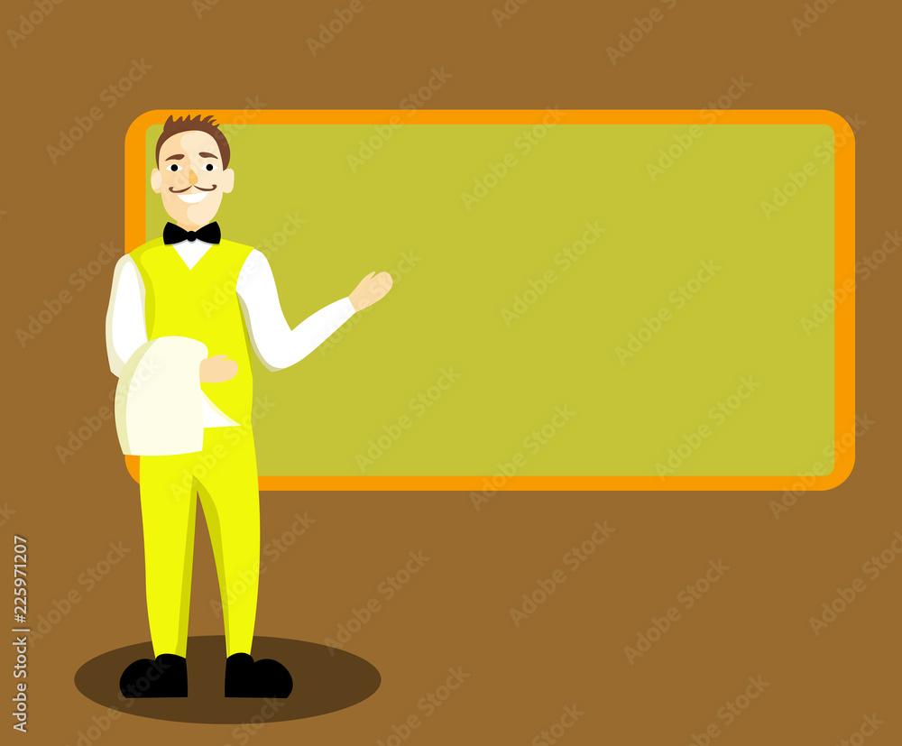 Flat design business Vector Illustration Empty template Layout for invitation greeting card promotion poster voucher. Male Waiter Smiling Standing in Uniform Hand Presenting Blank Menu Board Flat design business Vector Illustration Empty template Layout for invitation greeting card promotion poster voucher. Male Waiter Smiling Standing in Uniform Hand Presenting Blank Menu Board