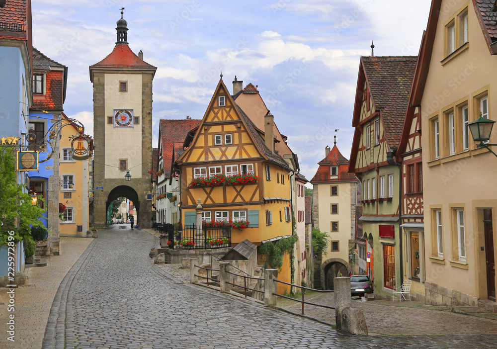 Medieval old street in Rothenburg ob der Tauber , Germany