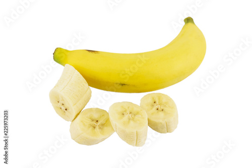 sliced peeled and ripe banana isolated on white background