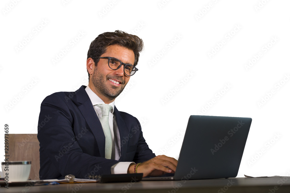 company corporate isolated portrait of young handsome and attractive businessman working at office laptop computer desk smiling confident in finance success company corporate isolated portrait of young handsome and attractive businessman working at office laptop computer desk smiling confident in finance success