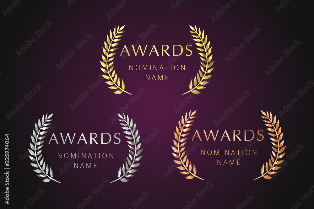 Fototapeta premium Awards logotype set. Isolated elegant abstract nominee emblem. First 1st, second, 3d place symbol. Luxurious congratulating framed template. Celebrating decorative traditional stained glass greetings.