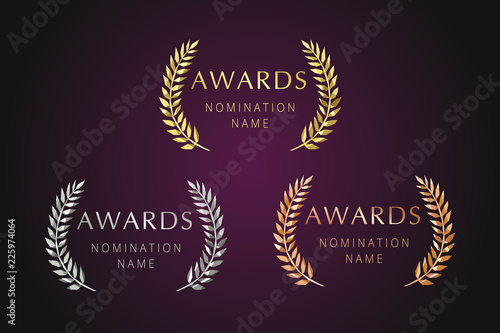 Awards logotype set. Isolated elegant abstract nominee emblem. First 1st, second, 3d place symbol. Luxurious congratulating framed template. Celebrating decorative traditional stained glass greetings.