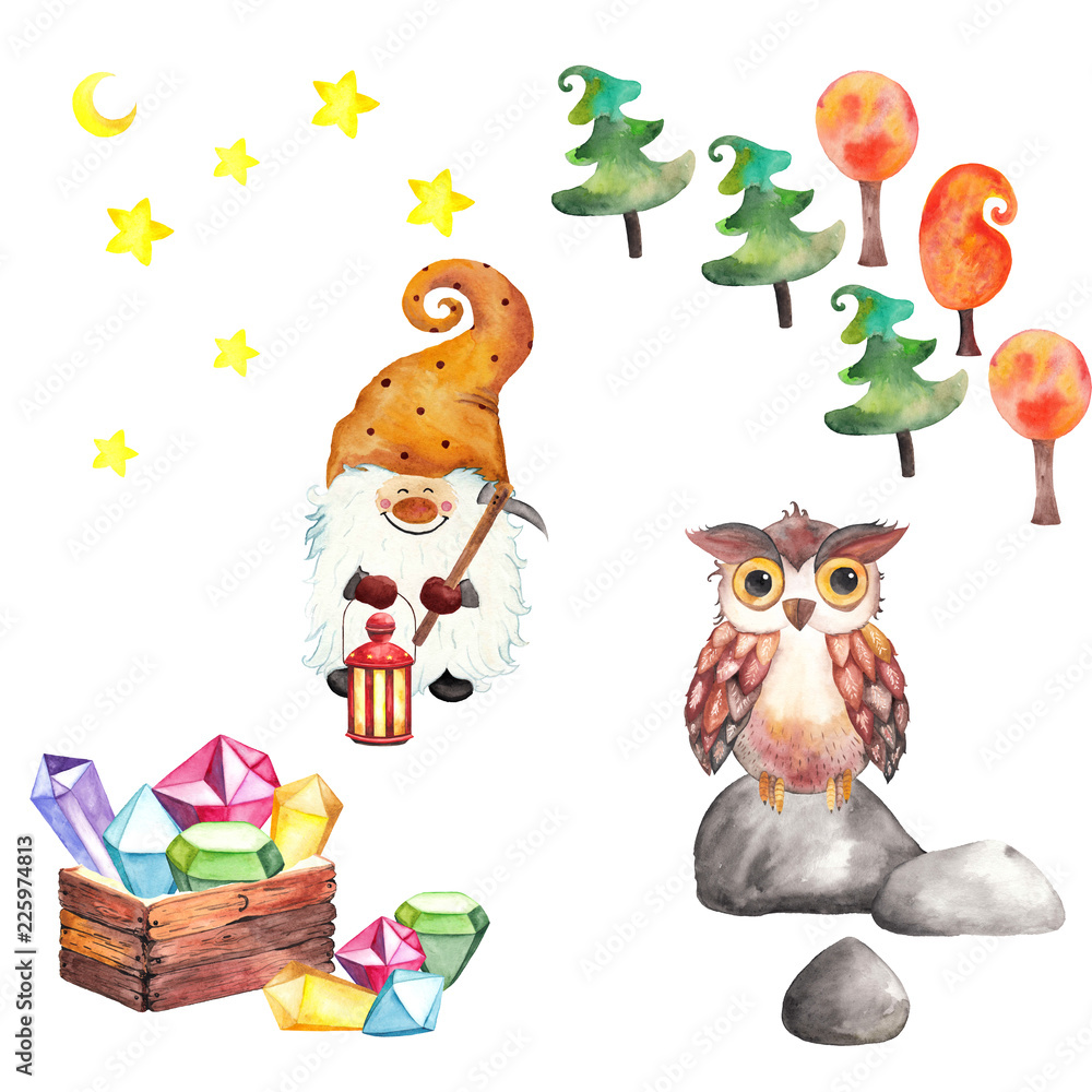 Fototapeta premium Design set with a dwarf with a lantern, an owl on a stone, trees, treasure chests and crystals, stars and moon. watercolor illustration with clip arts