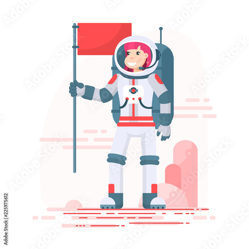Vector flat astronaut girl holds red flag in hand and makes a landing on Mars. American spacewoman in helmet and spacesuit, first female cosmonaut on red planet. Colonization concept illustration