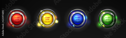 Set of car engine start, stop colorful buttons realistic 3d vector isolated on black background. Modern sports car ignition launching buttons, glowing various colors in different drive modes