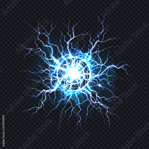 Powerful electrical discharge, lightning strike impact place realistic vector on transparent background. Ball lightning, magical light effect design element. Electric energy flash, pain nerve impulse