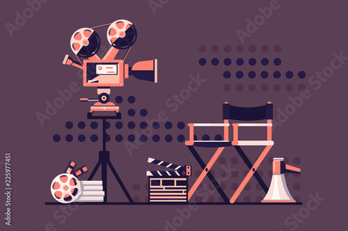 Film set cinema with equipment.