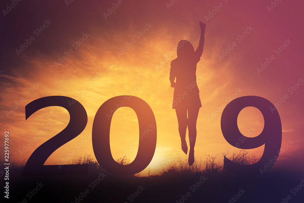 2019 happy new years christmas eve, Silhouette woman is jumping in outdoor 2019 happy new years christmas eve, Silhouette woman is jumping in outdoor