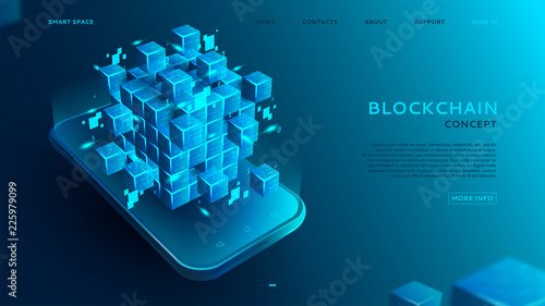 Blockchain concept background. 3d abstract digital blocks or cubes constructs database. Technology banner with realistic blocks on the smart phone. Landing page. Vector illustration.