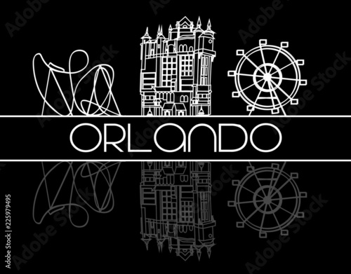 Orlando, Florida; August 03, 2018: Attractions Icons white line on black background.