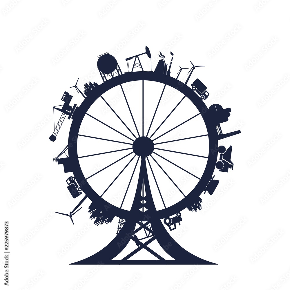 Circle with industry relative silhouettes. Objects located around ferris wheel. Industrial design background.