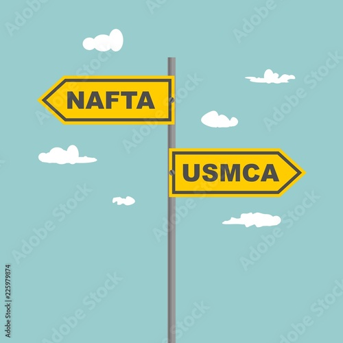 Road signs with NAFTA and USMCA text pointing in opposite directions.