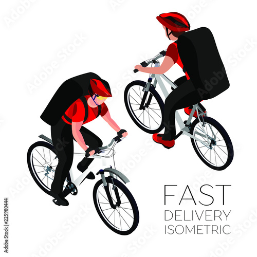 Isomeric fast delivery concept. Delivery  cyclist in red uniform  speeding on a bike through city streets with a hot food. Isometric 3d illustration