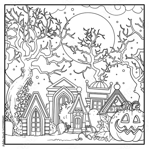 Scary old abandoned cemetery with crypts and big trees and pumpkin linear drawing for coloring isolated on white background