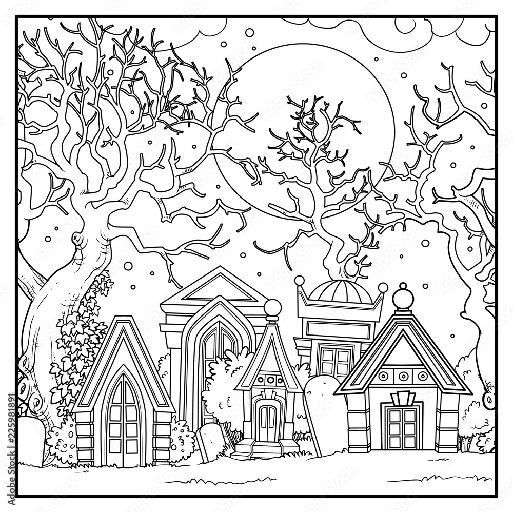 Obraz premium Scary old abandoned cemetery with crypts and big trees linear drawing for coloring isolated on white background