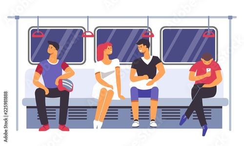 Passengers traveling by subway underground train and couple vector © Sonulkaster