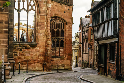 Old English Architecture street in Coventry, destroyed Cathedral from Second World War