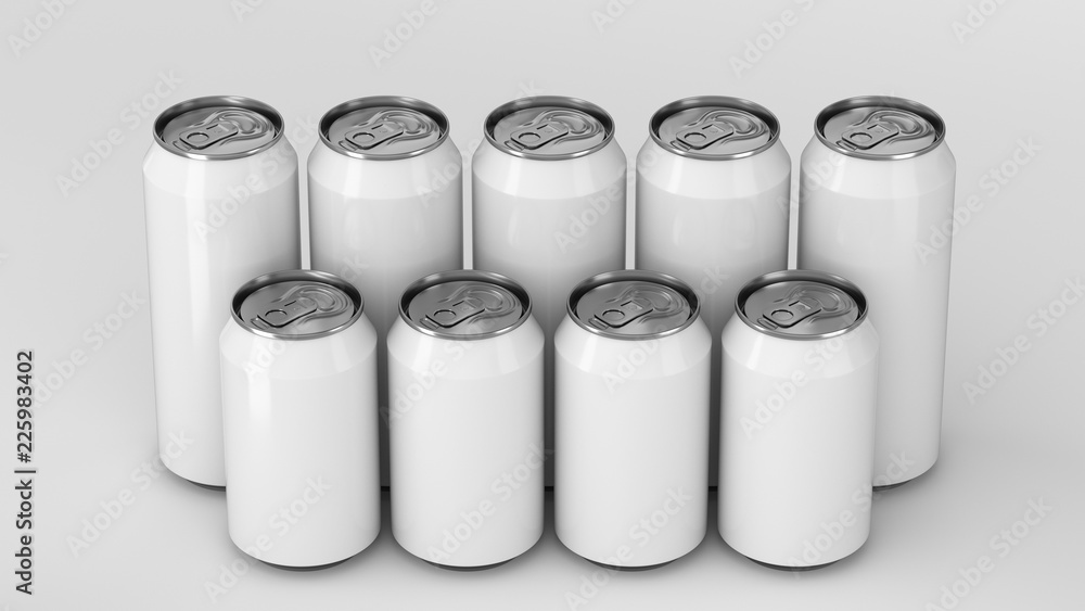 White soda cans standing in two raws on white background White soda cans standing in two raws on white background