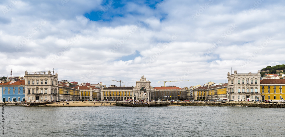 Lisbon city skyline viewed from the River Tagus towards the commerce square