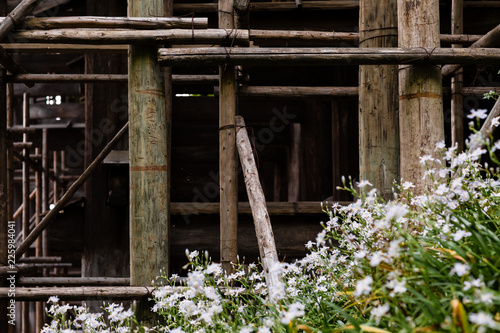 massive wooden sub-structure of a japanese temple terrace