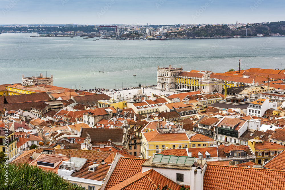 Lisbon city skyline viewed from the castle towards the commerce square