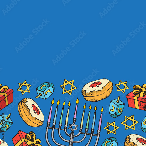Jewish holiday Hanukkah greeting card. Seamless border of traditional Chanukah symbols isolated on white - dreidels, sweets, donuts, menorah candles, star David glowing lights. Vector template.