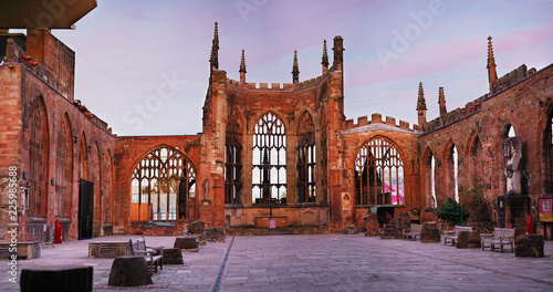 Twilight  photo of Coventry Cathedral which was  bombed by Germans in Second World War. photo