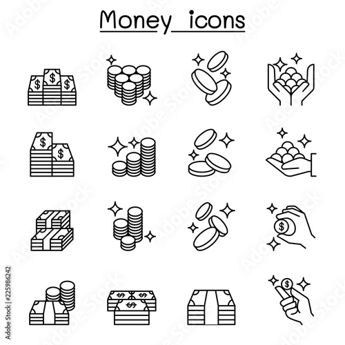 Money, Cash , Coin Bank note icon set in thin line style
